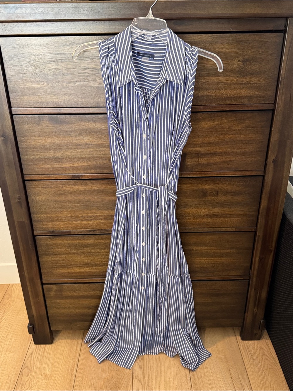 Tommy Hilfiger Sleeveless Blue & White Striped Maxi Shirt Dress